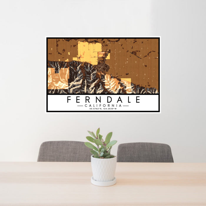 24x36 Ferndale California Map Print Lanscape Orientation in Ember Style Behind 2 Chairs Table and Potted Plant