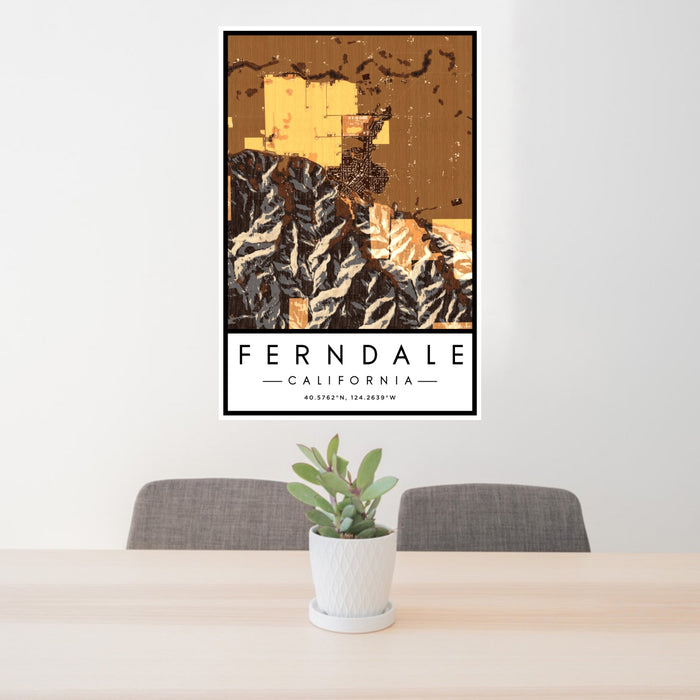 24x36 Ferndale California Map Print Portrait Orientation in Ember Style Behind 2 Chairs Table and Potted Plant