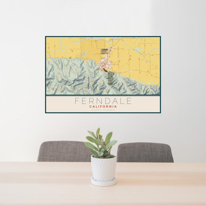 24x36 Ferndale California Map Print Lanscape Orientation in Woodblock Style Behind 2 Chairs Table and Potted Plant