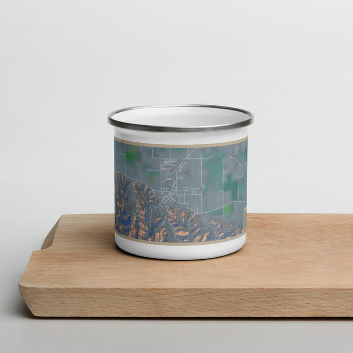 Front View Custom Ferndale California Map Enamel Mug in Afternoon on Cutting Board