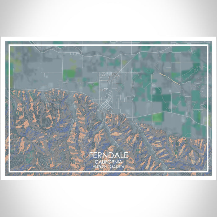 Ferndale California Map Print Landscape Orientation in Afternoon Style With Shaded Background
