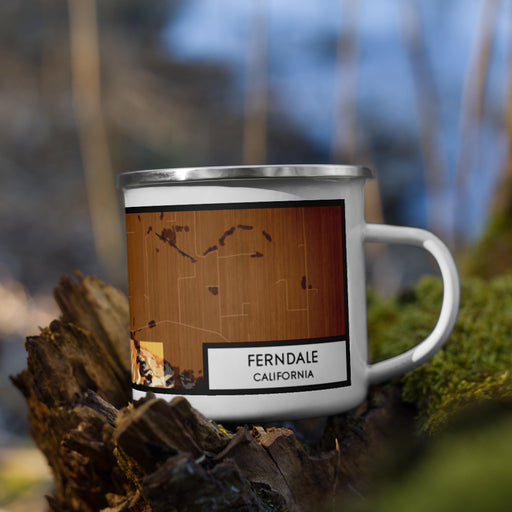 Right View Custom Ferndale California Map Enamel Mug in Ember on Grass With Trees in Background