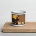 Front View Custom Ferndale California Map Enamel Mug in Ember on Cutting Board