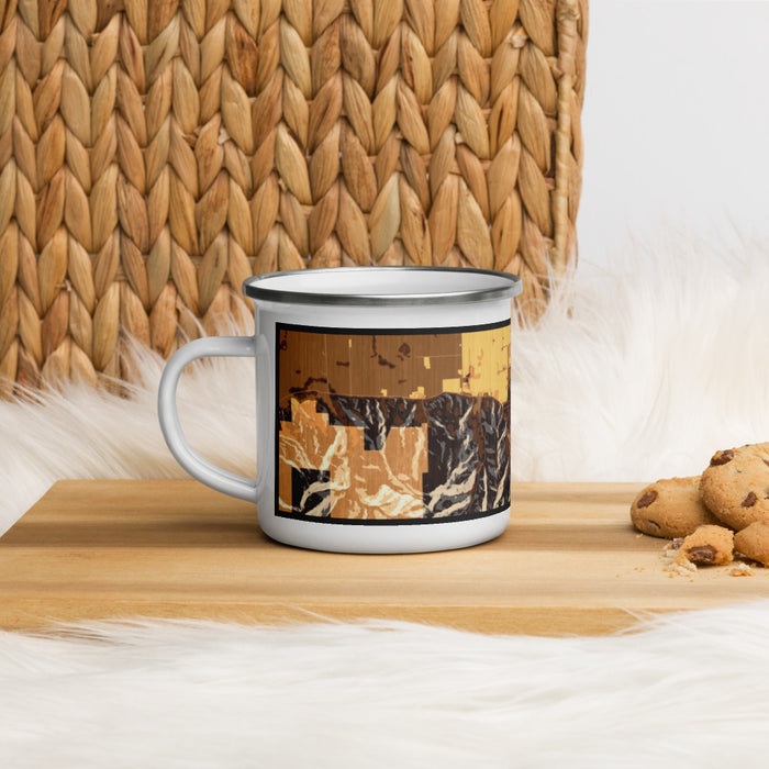 Left View Custom Ferndale California Map Enamel Mug in Ember on Table Top