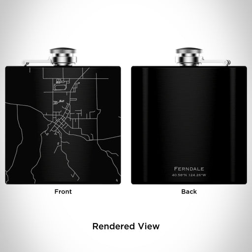 Rendered View of Ferndale California Map Engraving on 6oz Stainless Steel Flask in Black