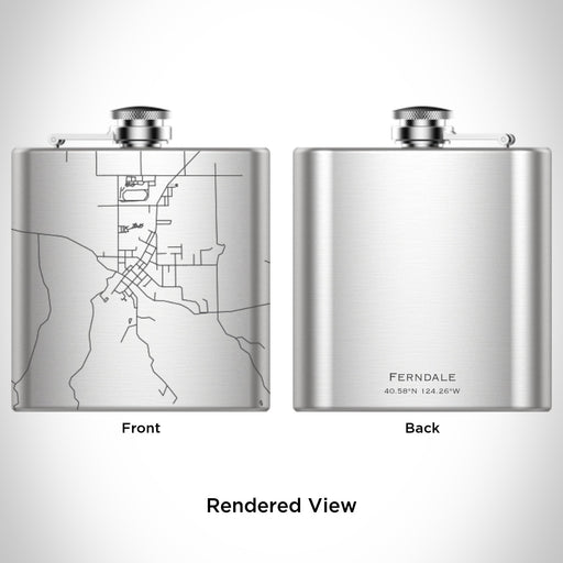 Rendered View of Ferndale California Map Engraving on 6oz Stainless Steel Flask