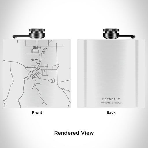 Rendered View of Ferndale California Map Engraving on 6oz Stainless Steel Flask in White
