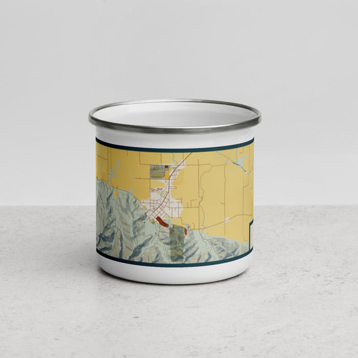 Front View Custom Ferndale California Map Enamel Mug in Woodblock