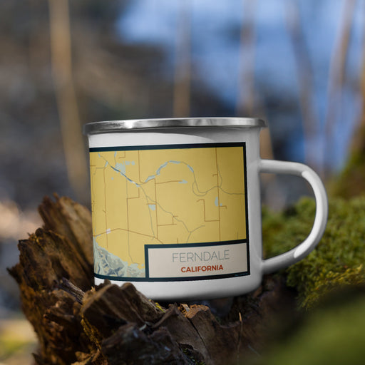 Right View Custom Ferndale California Map Enamel Mug in Woodblock on Grass With Trees in Background