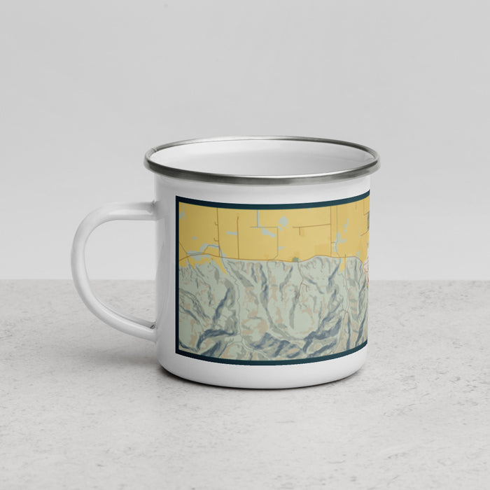 Left View Custom Ferndale California Map Enamel Mug in Woodblock