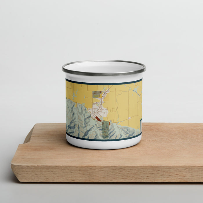 Front View Custom Ferndale California Map Enamel Mug in Woodblock on Cutting Board