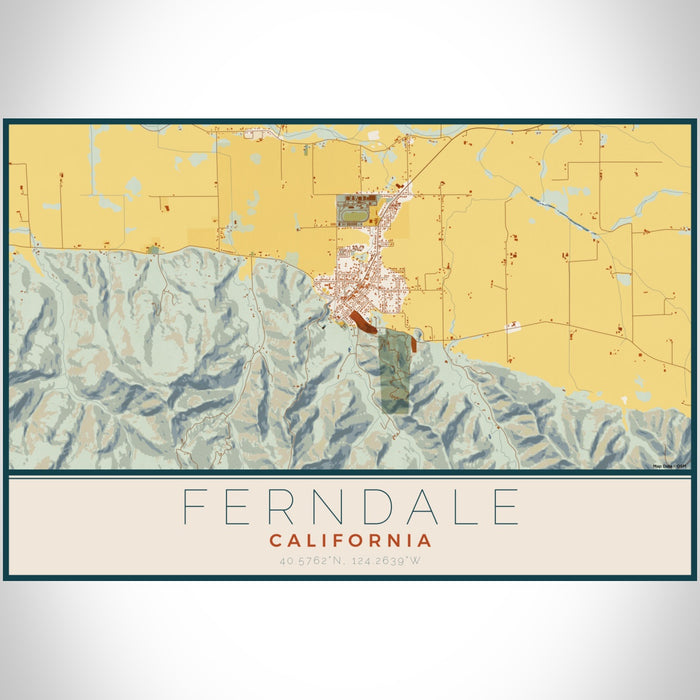 Ferndale California Map Print Landscape Orientation in Woodblock Style With Shaded Background