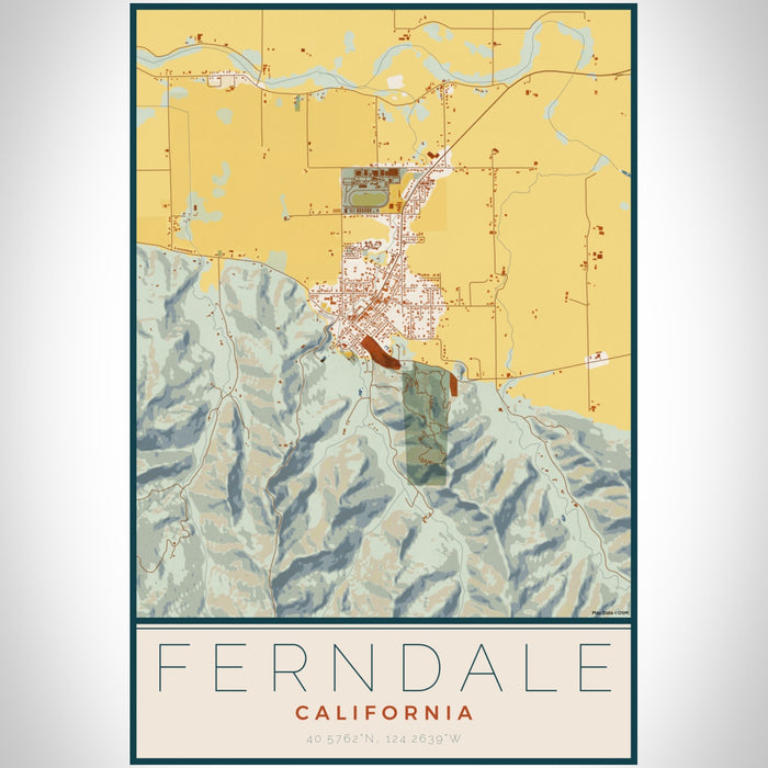 Ferndale California Map Print Portrait Orientation in Woodblock Style With Shaded Background