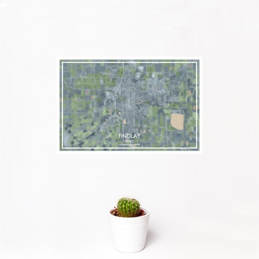 12x18 Findlay Ohio Map Print Landscape Orientation in Afternoon Style With Small Cactus Plant in White Planter