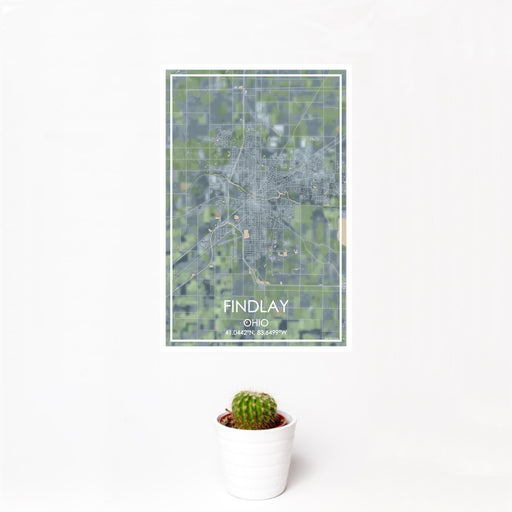 12x18 Findlay Ohio Map Print Portrait Orientation in Afternoon Style With Small Cactus Plant in White Planter