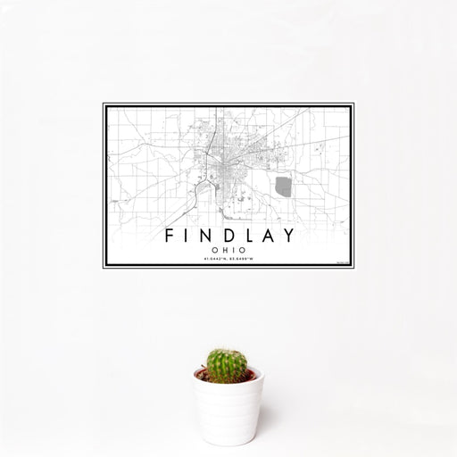 12x18 Findlay Ohio Map Print Landscape Orientation in Classic Style With Small Cactus Plant in White Planter