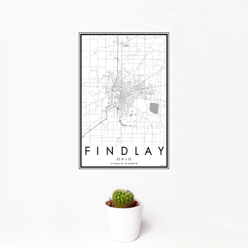 12x18 Findlay Ohio Map Print Portrait Orientation in Classic Style With Small Cactus Plant in White Planter