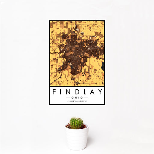 12x18 Findlay Ohio Map Print Portrait Orientation in Ember Style With Small Cactus Plant in White Planter