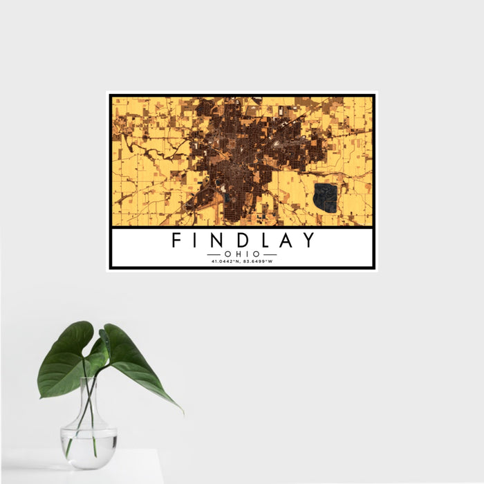 16x24 Findlay Ohio Map Print Landscape Orientation in Ember Style With Tropical Plant Leaves in Water