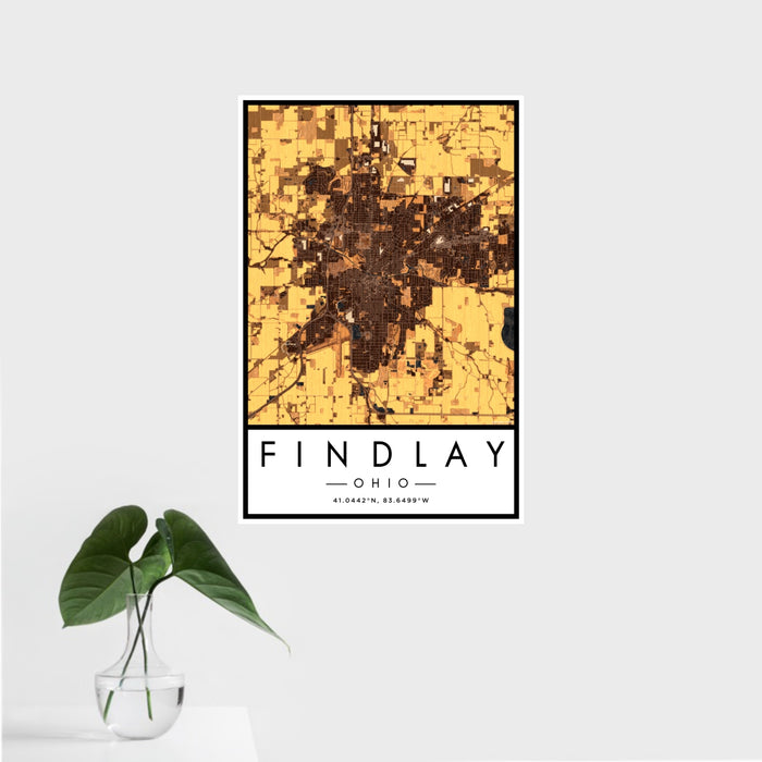 16x24 Findlay Ohio Map Print Portrait Orientation in Ember Style With Tropical Plant Leaves in Water
