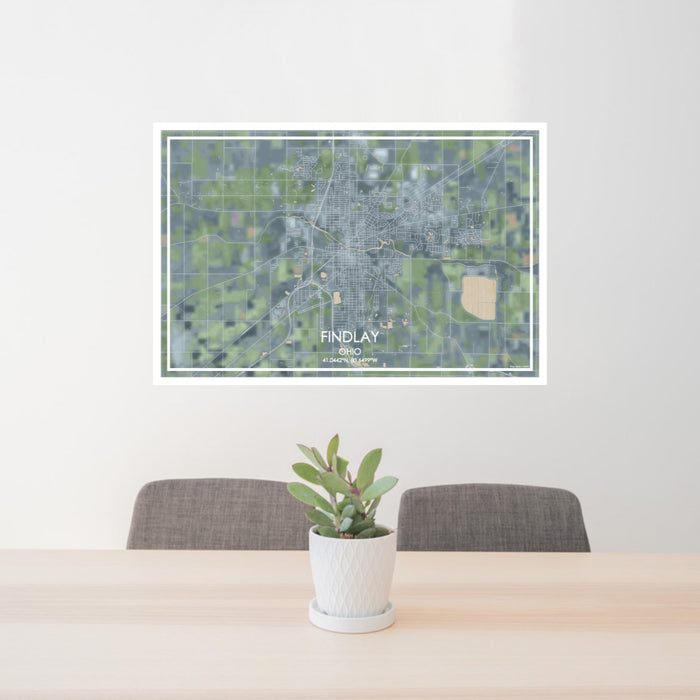 24x36 Findlay Ohio Map Print Lanscape Orientation in Afternoon Style Behind 2 Chairs Table and Potted Plant
