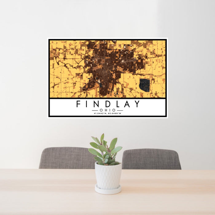 24x36 Findlay Ohio Map Print Lanscape Orientation in Ember Style Behind 2 Chairs Table and Potted Plant