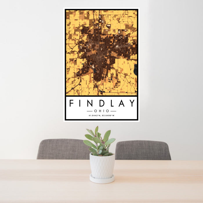 24x36 Findlay Ohio Map Print Portrait Orientation in Ember Style Behind 2 Chairs Table and Potted Plant