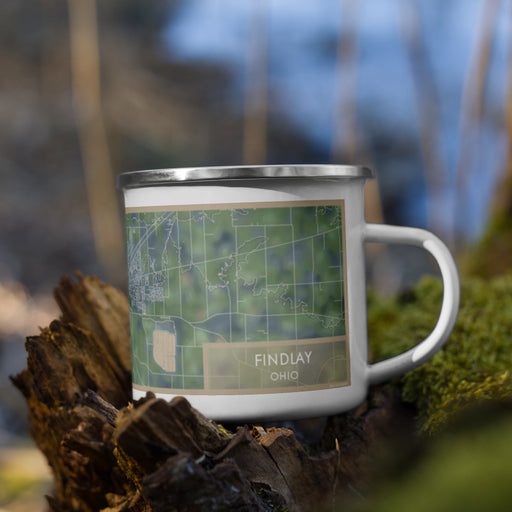 Right View Custom Findlay Ohio Map Enamel Mug in Afternoon on Grass With Trees in Background