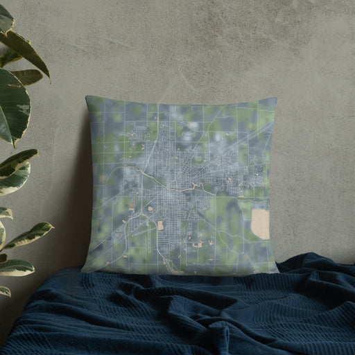 Custom Findlay Ohio Map Throw Pillow in Afternoon on Bedding Against Wall