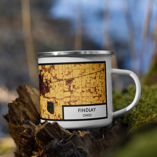 Right View Custom Findlay Ohio Map Enamel Mug in Ember on Grass With Trees in Background