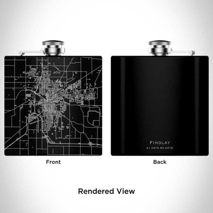 Rendered View of Findlay Ohio Map Engraving on 6oz Stainless Steel Flask in Black