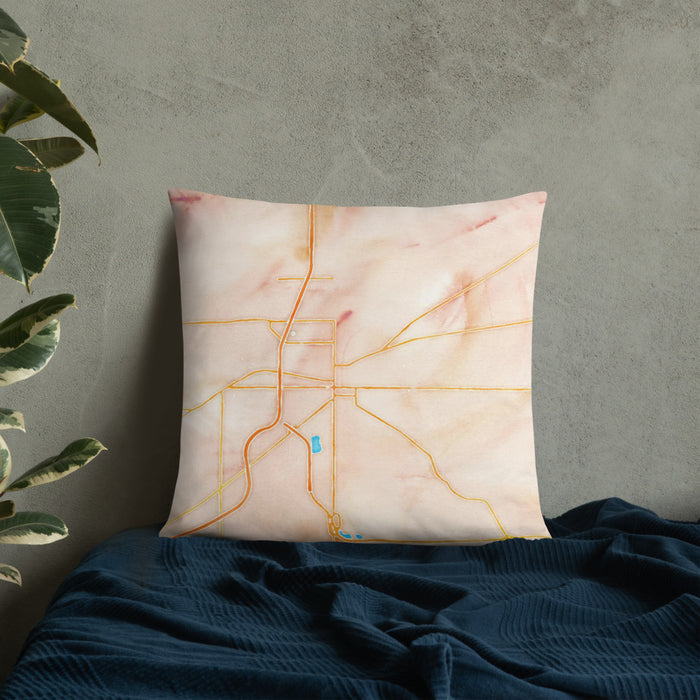 Custom Findlay Ohio Map Throw Pillow in Watercolor on Bedding Against Wall