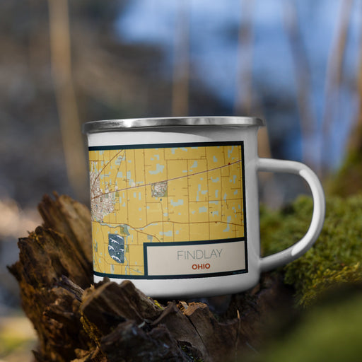 Right View Custom Findlay Ohio Map Enamel Mug in Woodblock on Grass With Trees in Background