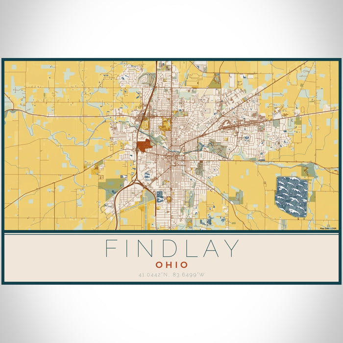 Findlay Ohio Map Print Landscape Orientation in Woodblock Style With Shaded Background