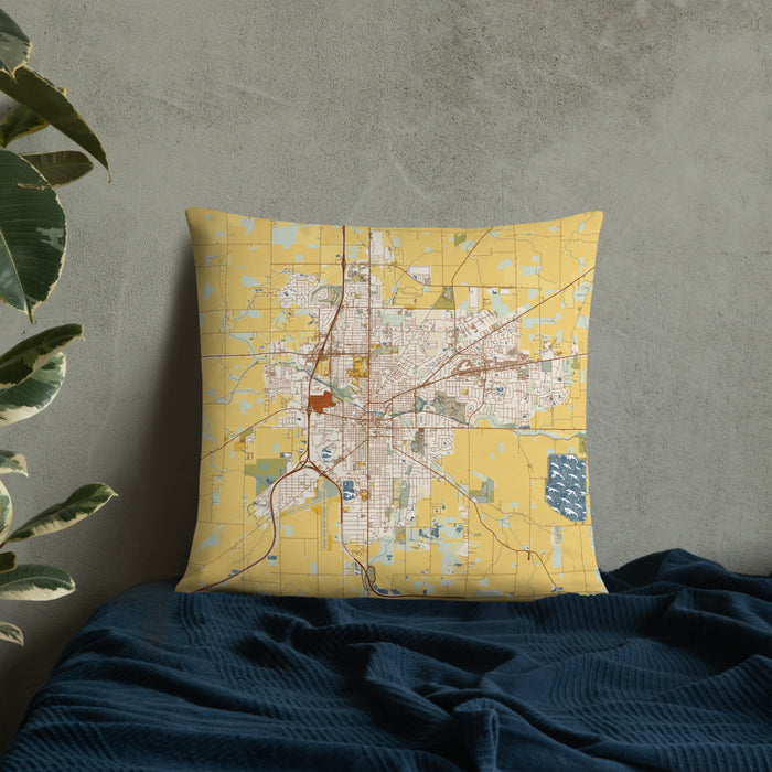 Custom Findlay Ohio Map Throw Pillow in Woodblock on Bedding Against Wall