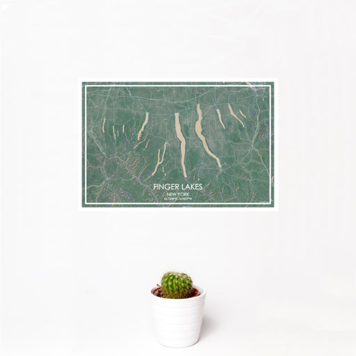 12x18 Finger Lakes New York Map Print Landscape Orientation in Afternoon Style With Small Cactus Plant in White Planter