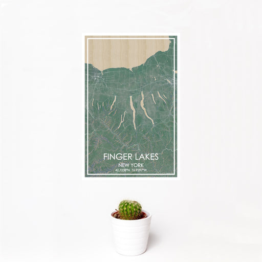 12x18 Finger Lakes New York Map Print Portrait Orientation in Afternoon Style With Small Cactus Plant in White Planter
