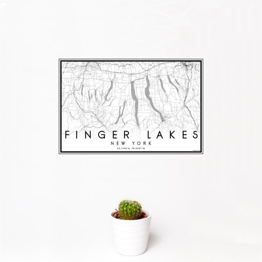 12x18 Finger Lakes New York Map Print Landscape Orientation in Classic Style With Small Cactus Plant in White Planter