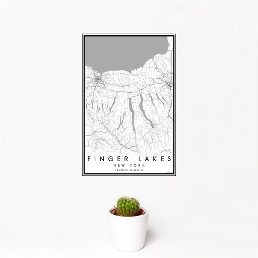 12x18 Finger Lakes New York Map Print Portrait Orientation in Classic Style With Small Cactus Plant in White Planter