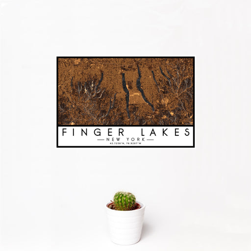 12x18 Finger Lakes New York Map Print Landscape Orientation in Ember Style With Small Cactus Plant in White Planter