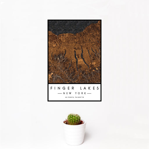 12x18 Finger Lakes New York Map Print Portrait Orientation in Ember Style With Small Cactus Plant in White Planter