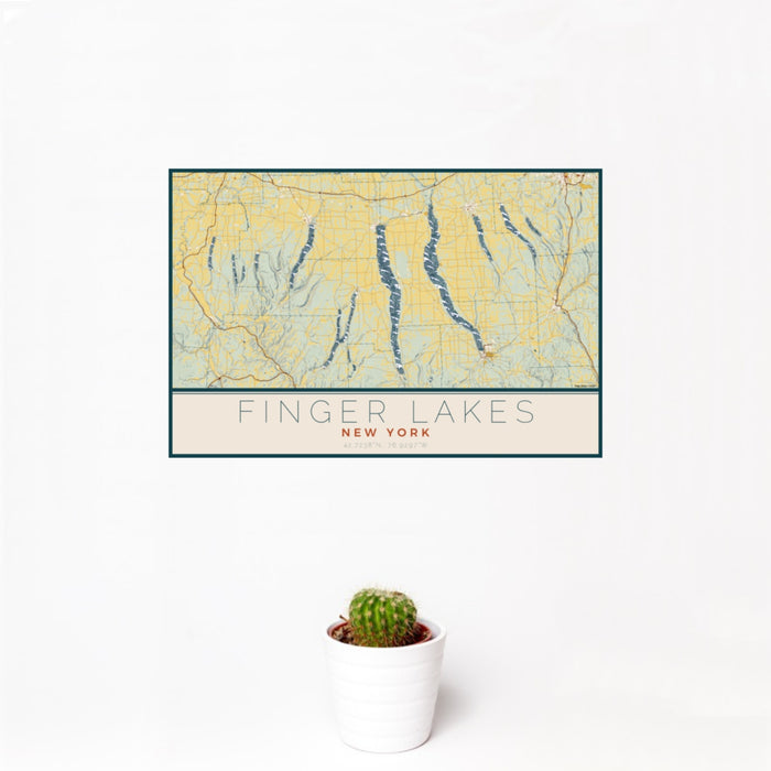 12x18 Finger Lakes New York Map Print Landscape Orientation in Woodblock Style With Small Cactus Plant in White Planter