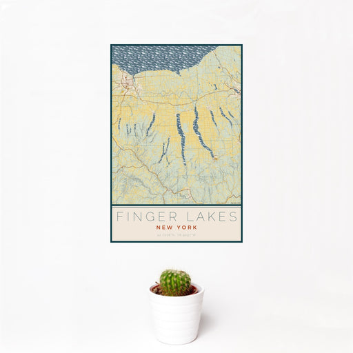12x18 Finger Lakes New York Map Print Portrait Orientation in Woodblock Style With Small Cactus Plant in White Planter