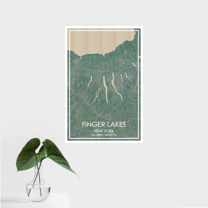 16x24 Finger Lakes New York Map Print Portrait Orientation in Afternoon Style With Tropical Plant Leaves in Water