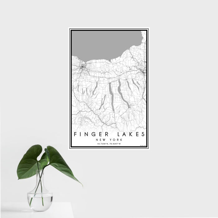 16x24 Finger Lakes New York Map Print Portrait Orientation in Classic Style With Tropical Plant Leaves in Water