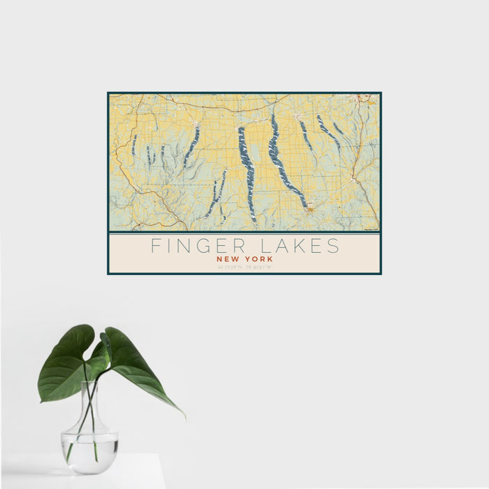 16x24 Finger Lakes New York Map Print Landscape Orientation in Woodblock Style With Tropical Plant Leaves in Water