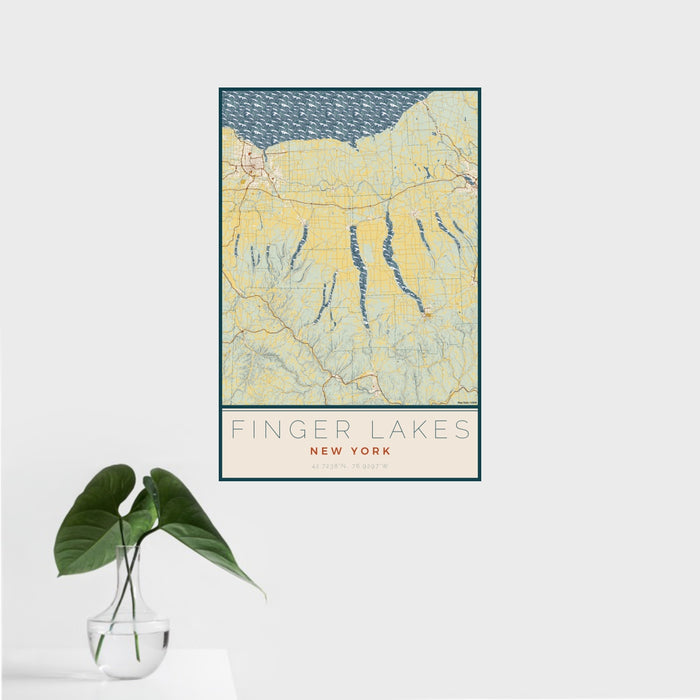 16x24 Finger Lakes New York Map Print Portrait Orientation in Woodblock Style With Tropical Plant Leaves in Water