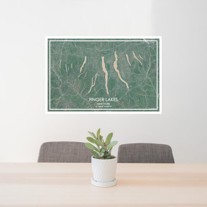 24x36 Finger Lakes New York Map Print Lanscape Orientation in Afternoon Style Behind 2 Chairs Table and Potted Plant