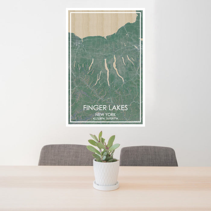 24x36 Finger Lakes New York Map Print Portrait Orientation in Afternoon Style Behind 2 Chairs Table and Potted Plant