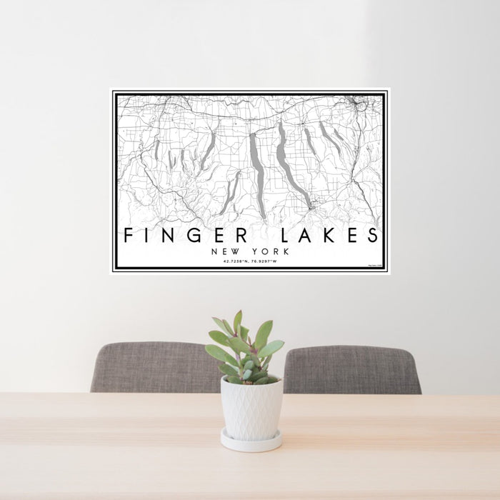 24x36 Finger Lakes New York Map Print Lanscape Orientation in Classic Style Behind 2 Chairs Table and Potted Plant